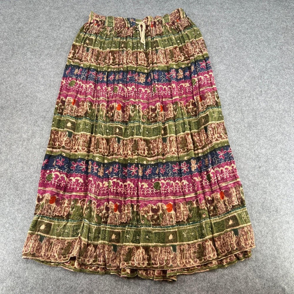 VTG Sportique Skirt Womens M Maxi Broomstick Green Pink Boho Floral Rayon EUC